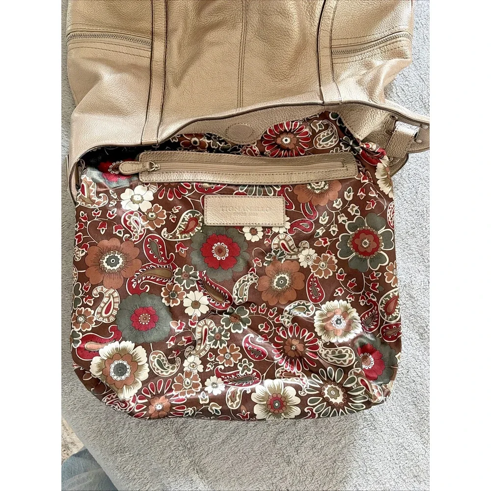 Tignanello Hobo Bag Purse Large Champagne Pebbled Leather Gold Jewel Tone Luxury